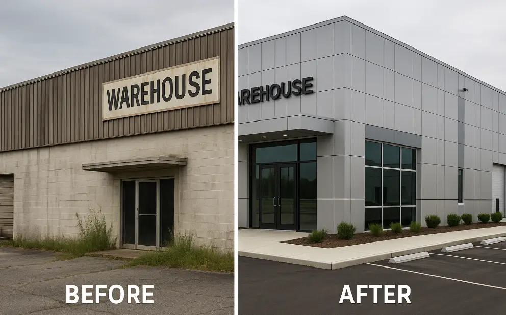 warehouse exterior before after