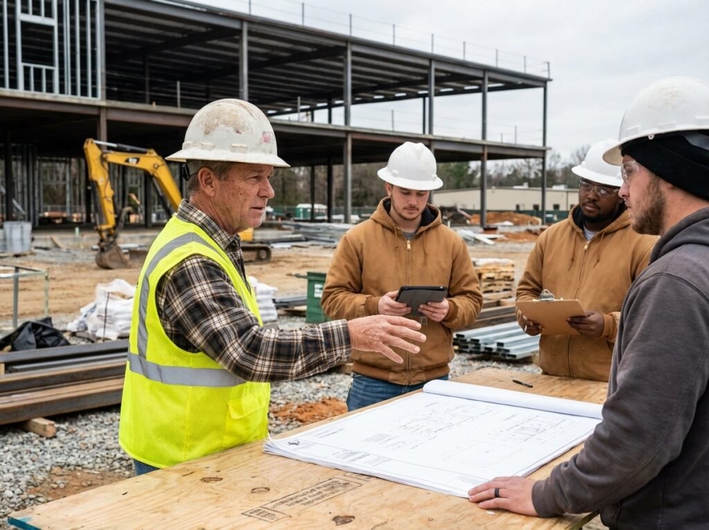 Construction manager reviewing commercial project plans on site in Raleigh NC