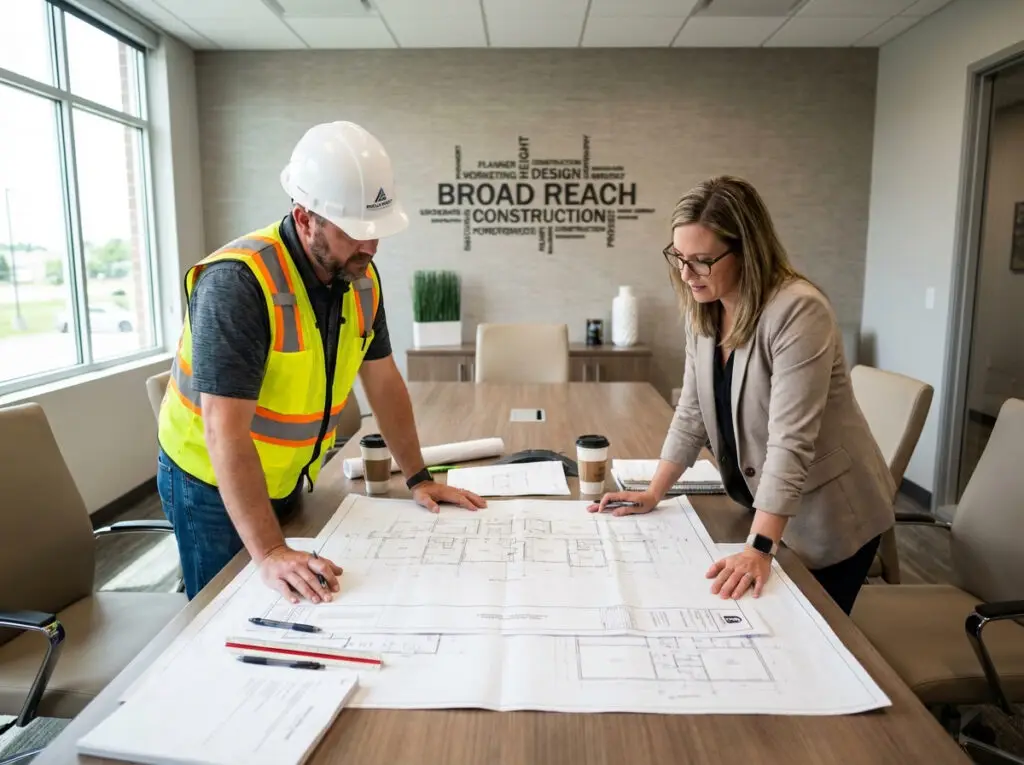 Construction team reviewing commercial building plans and project costs during pre-construction planning in Raleigh NC