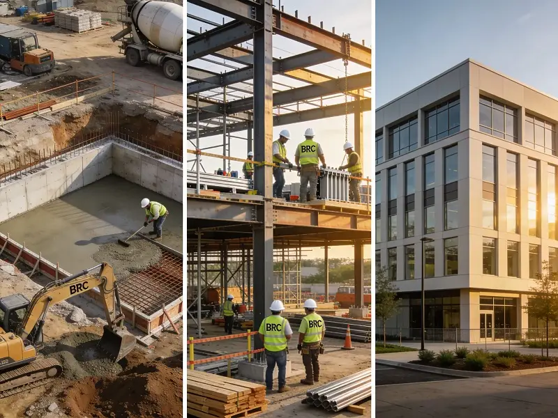 Multi-stage commercial construction showing phases in Charlotte NC