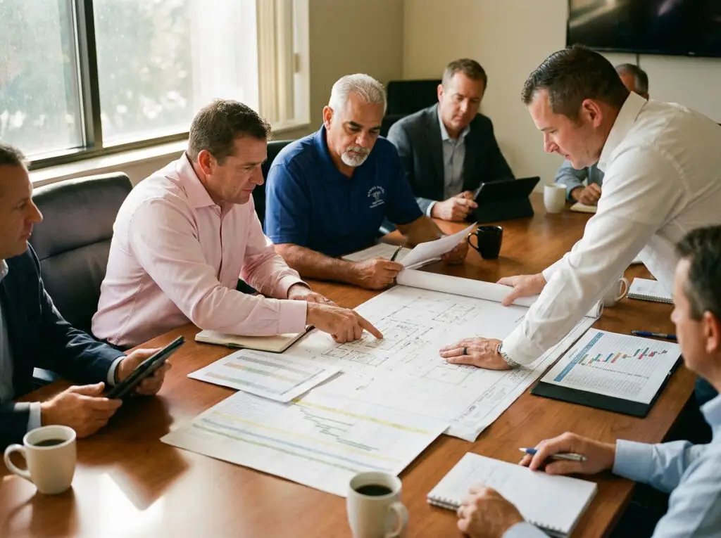 Construction management team reviewing plans on-site.