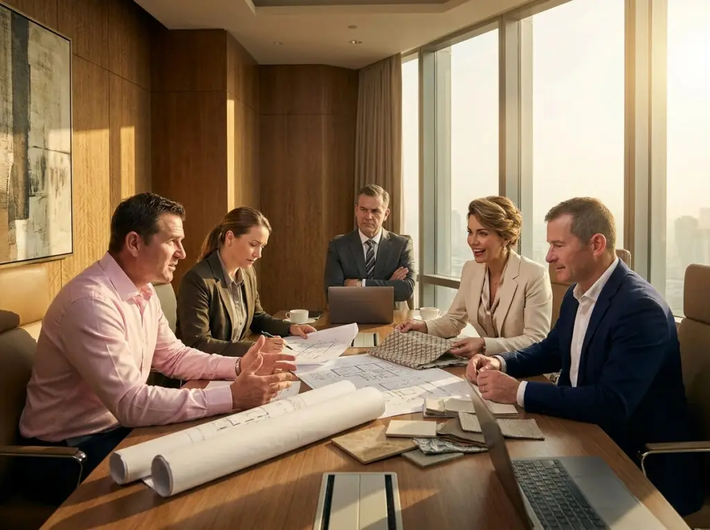 Hotel construction management team reviewing project plans in Charlotte