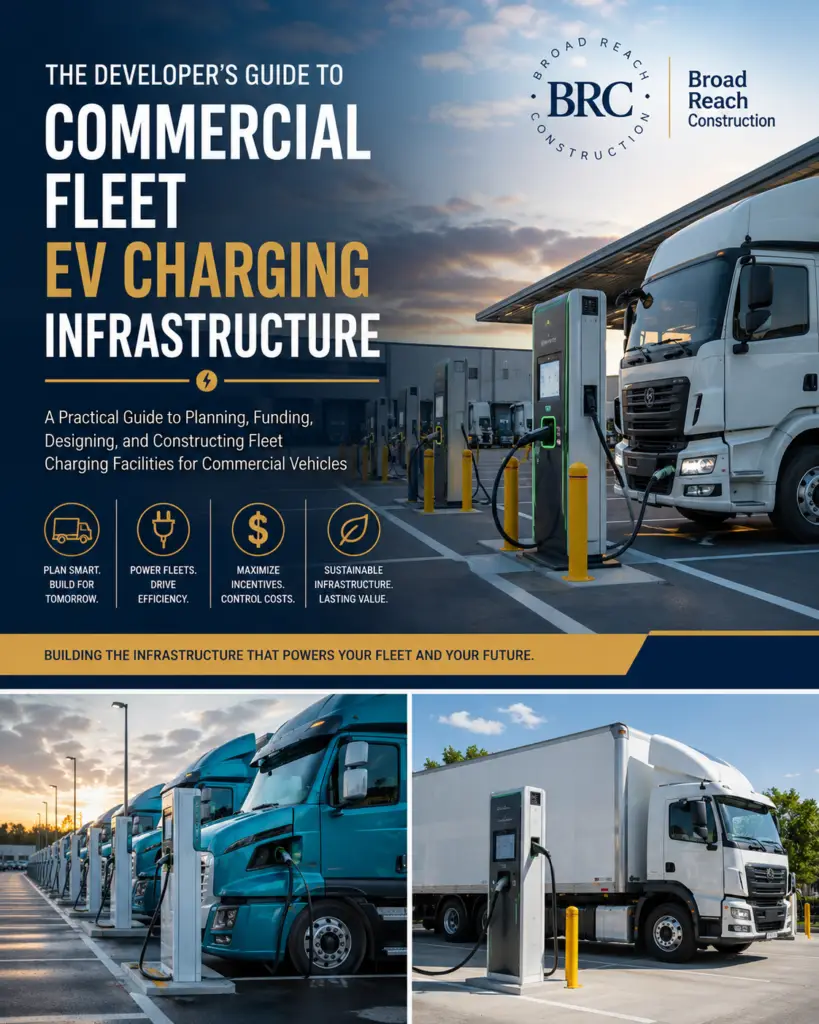 Commercial Construction Resource Library 8 Commercial fleet EV charging station with electric semi-trucks connected to fast charging infrastructure at a large-scale fleet charging facility.