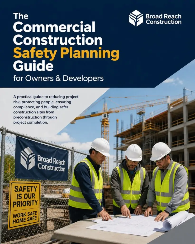 Commercial Construction Resource Library 3 Commercial Construction Safety Planning Guide for Owners and Developers by Broad Reach Construction featuring construction managers reviewing site plans on an active commercial jobsite.