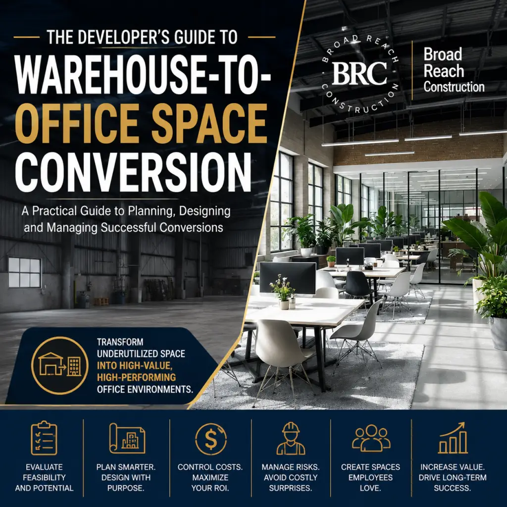 Commercial Construction Resource Library 5 Developer's Guide to Warehouse-to-Office Space Conversion by Broad Reach Construction showing the transformation of an industrial warehouse into a modern office environment.