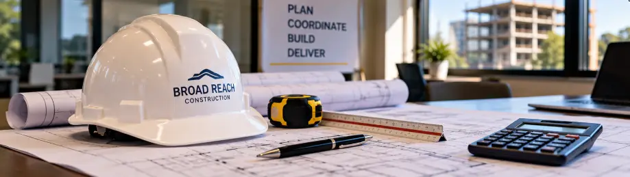 Construction Plans on table with hard hat.