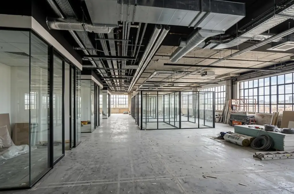 Commercial office suite undergoing tenant improvements with new interior partitions