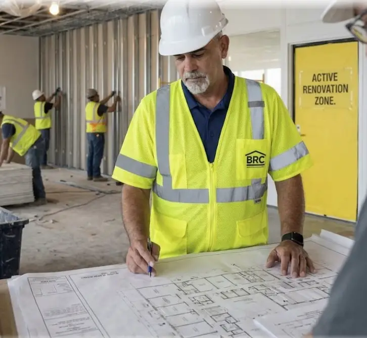 Construction manager reviewing commercial office floor plans and permit documentation