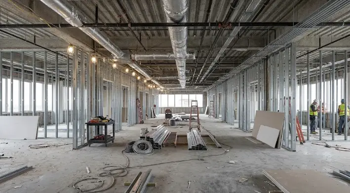 Unfinished commercial office shell with exposed mechanical systems and interior framing