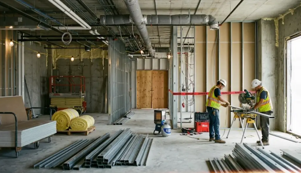 Unfinished commercial office shell with metal framing and exposed mechanical and electrical systems.