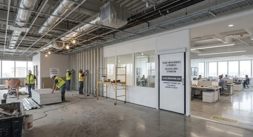 Commercial office renovation area separated from occupied workspace by temporary barriers