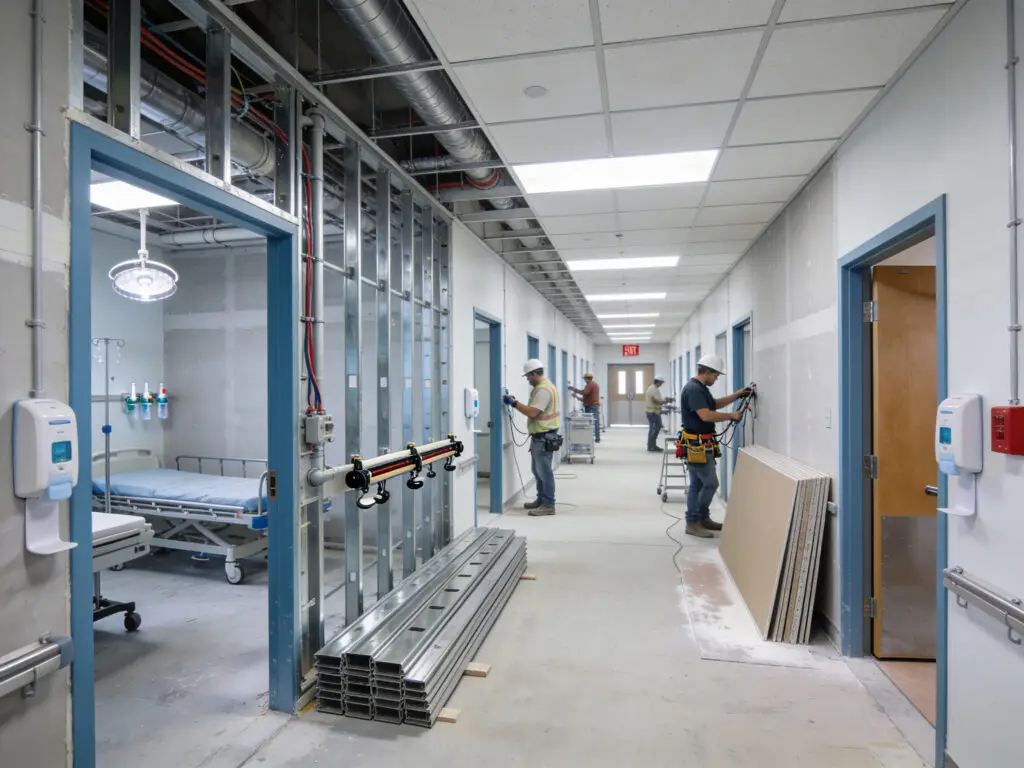 Office renovation work area separated from occupied workspace by temporary construction barriers