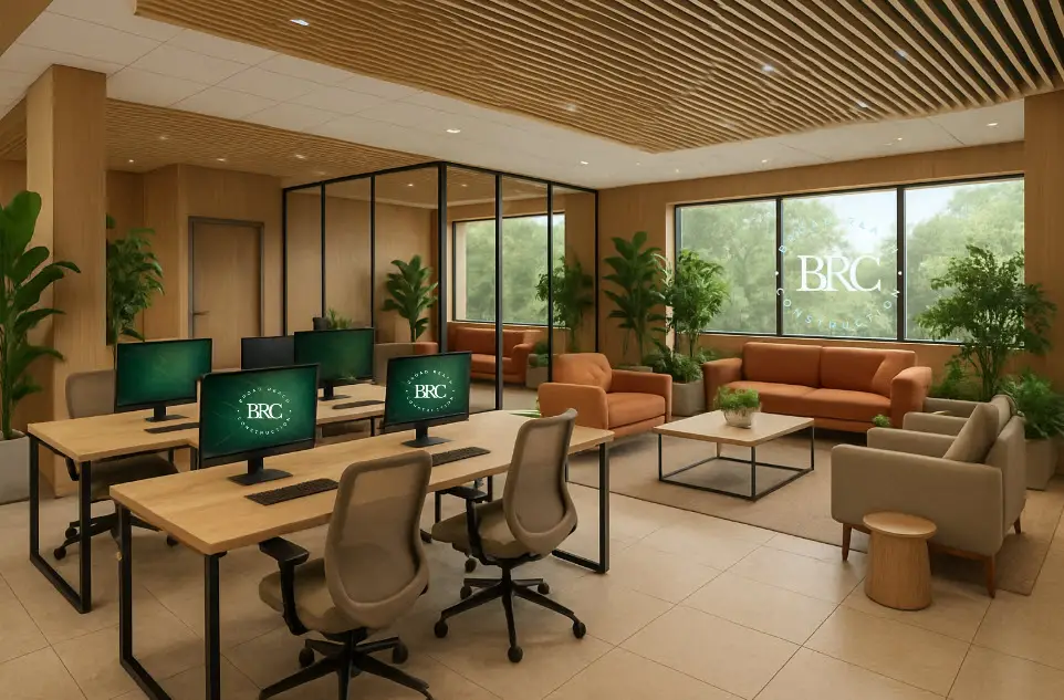 Modern commercial office interior with glass partitions and open workspaces