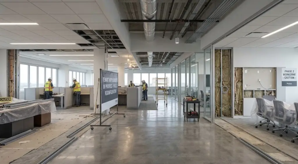 Existing office interior undergoing tenant improvements and workspace reconfiguration