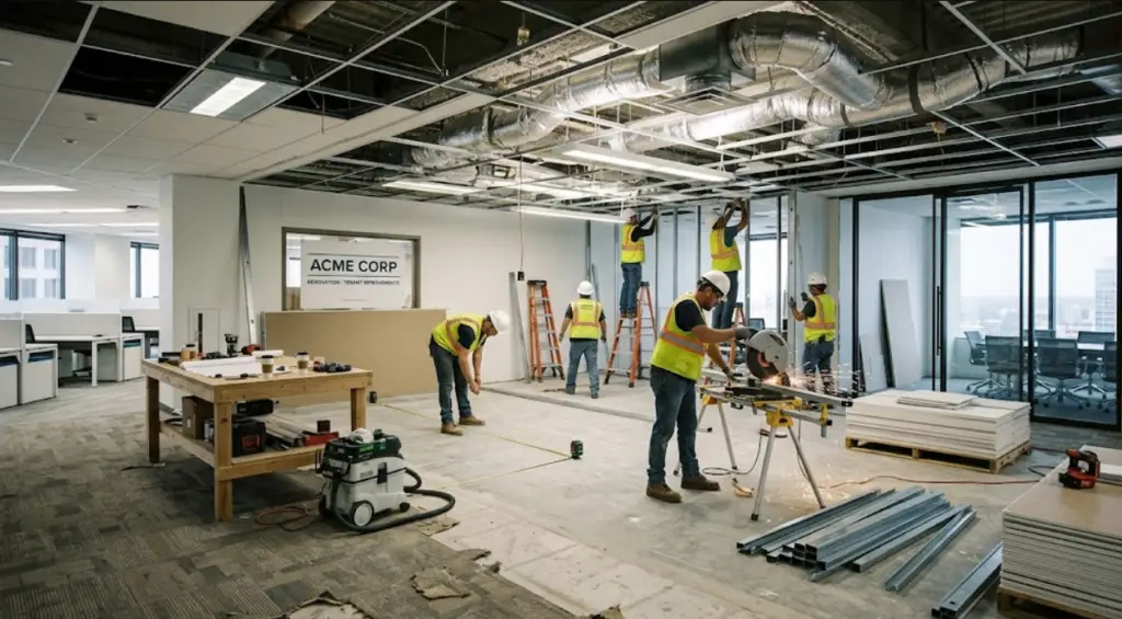 Existing commercial office interior undergoing tenant improvements and workspace reconfiguration.