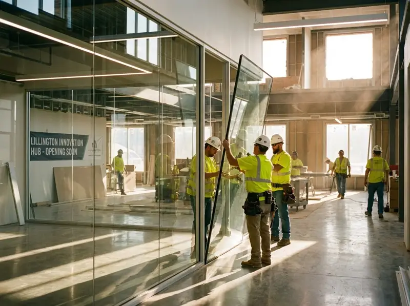 Existing commercial office interior undergoing reconfiguration with new partitions and updated building finishes